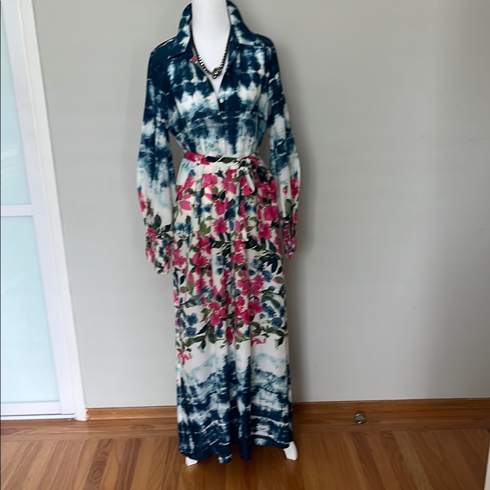 Misa Los Angeles Green and Blue Resort Wear Gown with Bishop Sleeves